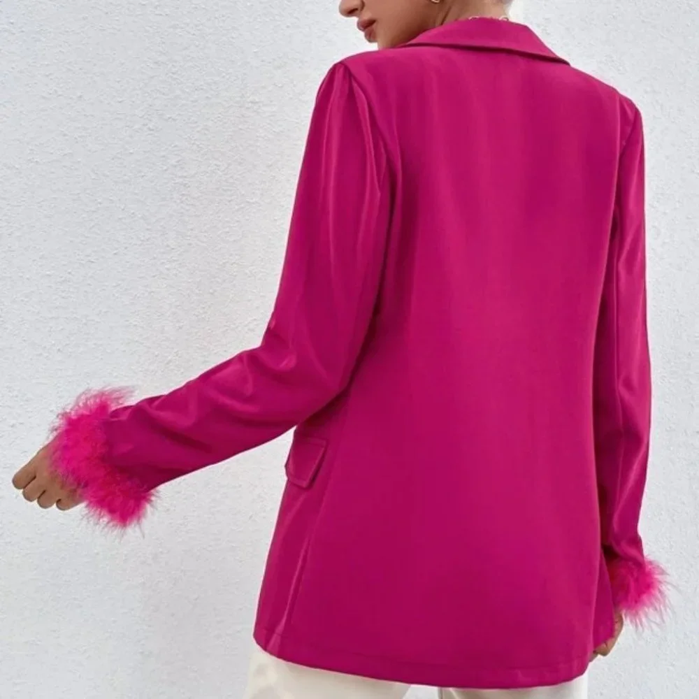 Fuschia Cuff Double Breasted Classic Feather Trimmed Blazer - Picture 5 of 6